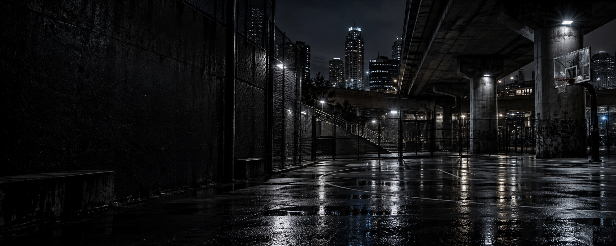 City basketball court at night