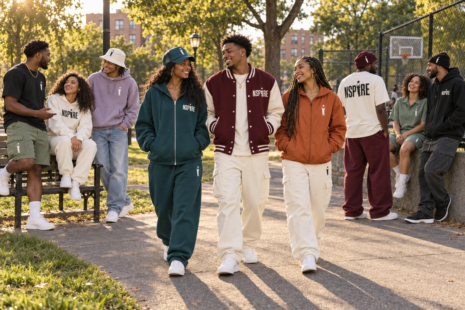 Groups wearing NSPIRE streetwear together in a city park