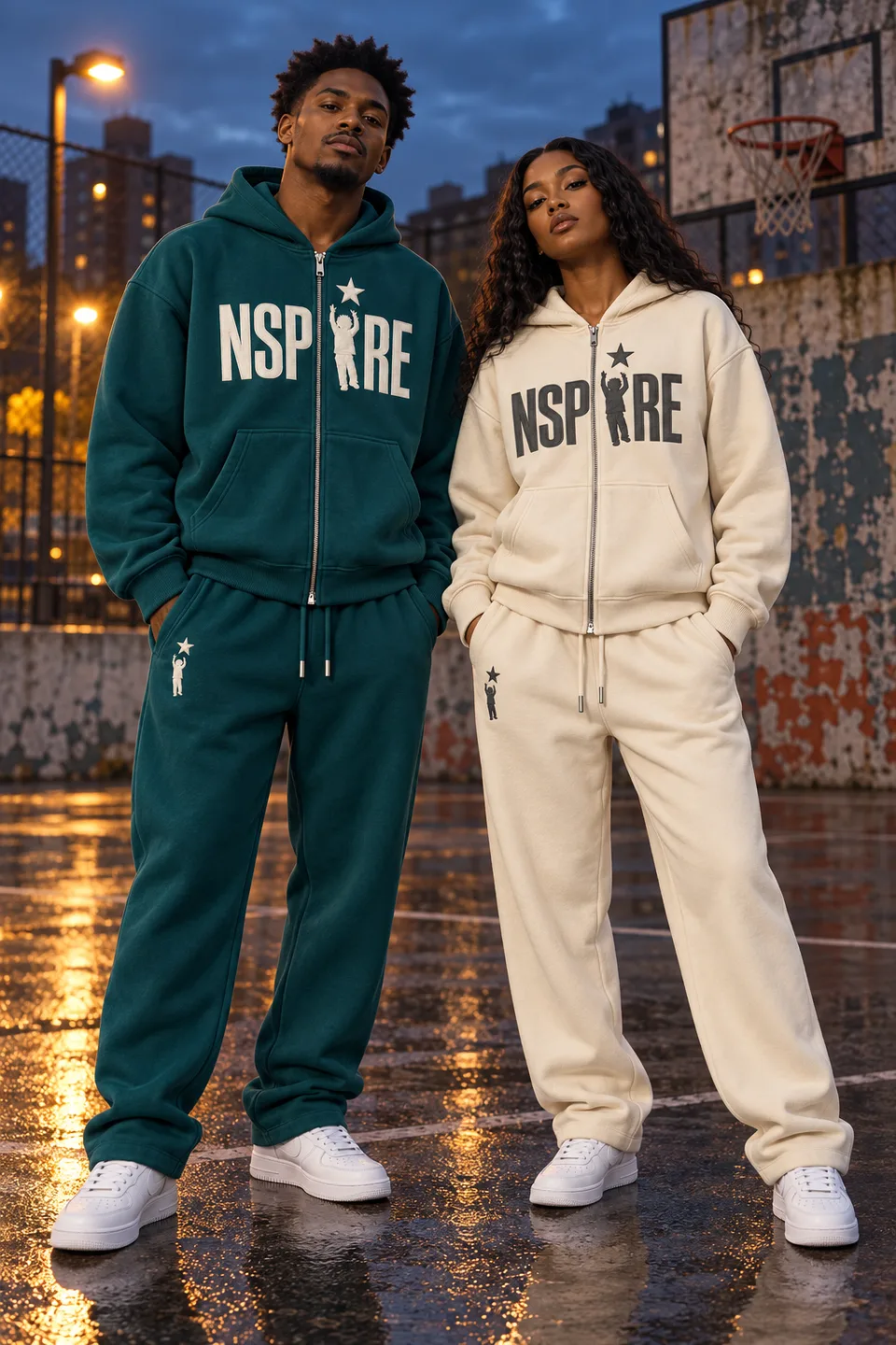 Two models wearing matching NSPIRE teal and cream sets