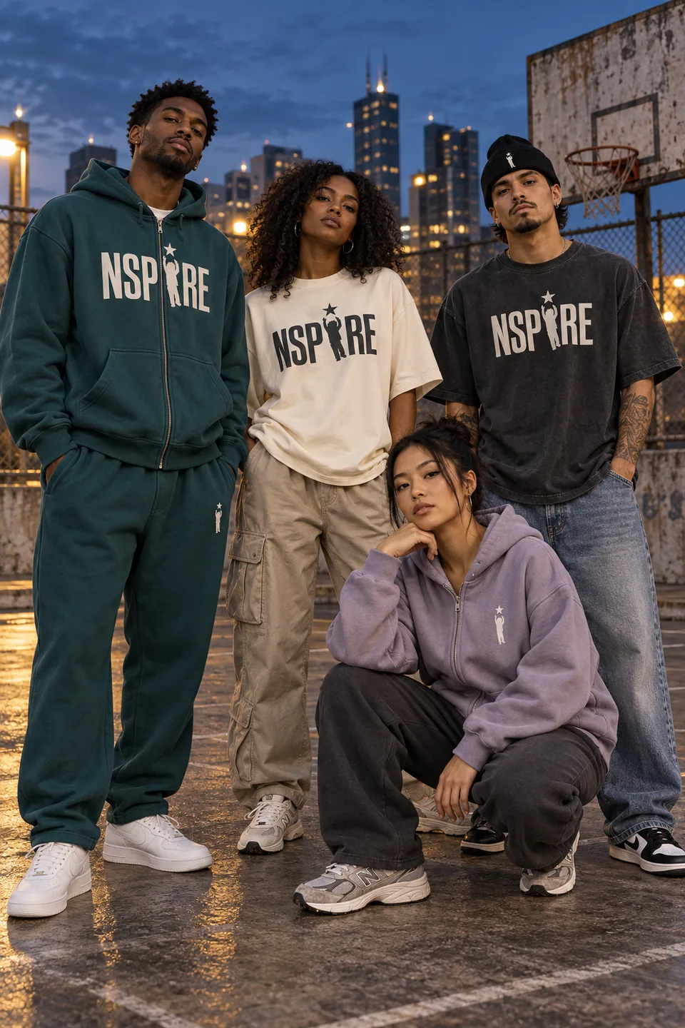 Models wearing NSPIRE hoodies and tees with denim and cargos